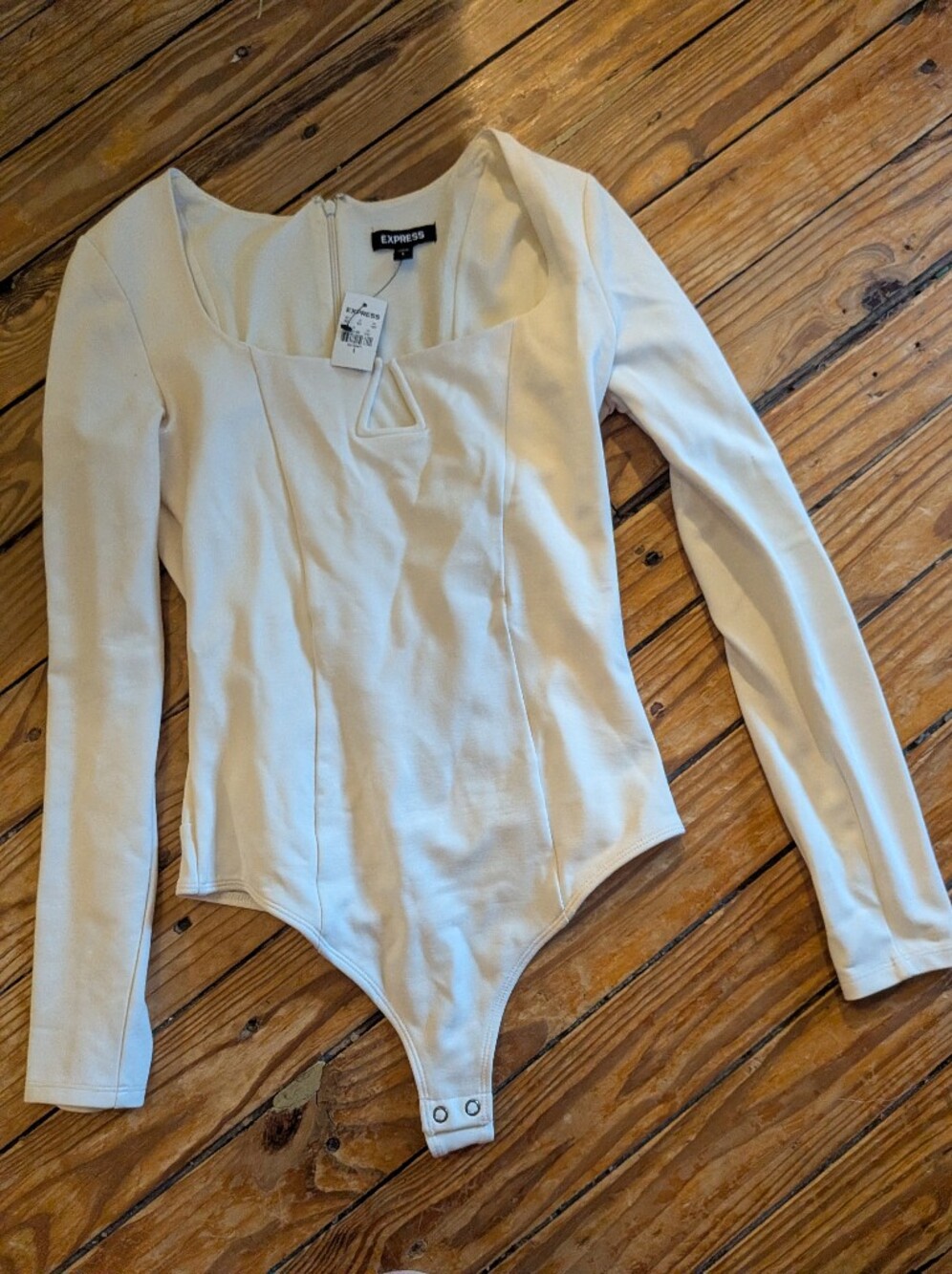 Express Long-Sleeve Cream Ribbed Bodysuit